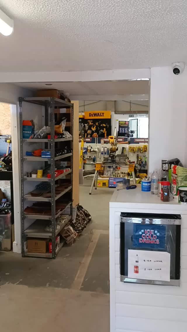 Inside the Viksons Tool Hire shop in Kirby Cross, with the trade counter and tool display